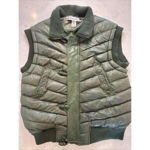 VTG Y2K Puffer Vest Brooklyn Basement Leather Trim Toggle Buttons Olive GR Men M